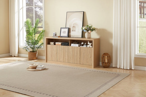English Elm 67 Inch Fluted Wood Sideboard Buffet with LED Lighting Built in Power Station Dining Bar W5767P540645