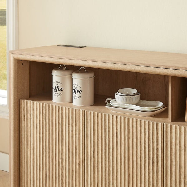 English Elm 67 Inch Fluted Wood Sideboard Buffet with LED Lighting Built in Power Station Dining Bar W5767P540645