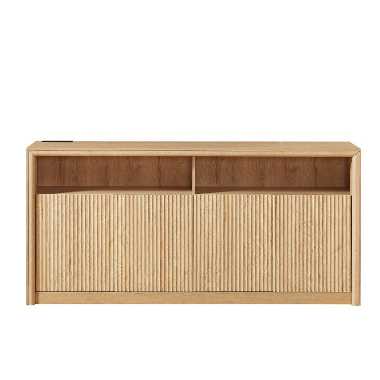 English Elm 67 Inch Fluted Wood Sideboard Buffet with LED Lighting Built in Power Station Dining Bar W5767P540645