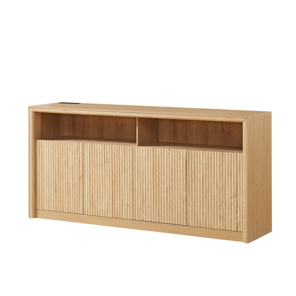 English Elm 67 Inch Fluted Wood Sideboard Buffet with LED Lighting Built in Power Station Dining Bar W5767P540645