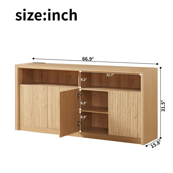 English Elm 67 Inch Fluted Wood Sideboard Buffet with LED Lighting Built in Power Station Dining Bar W5767P540645