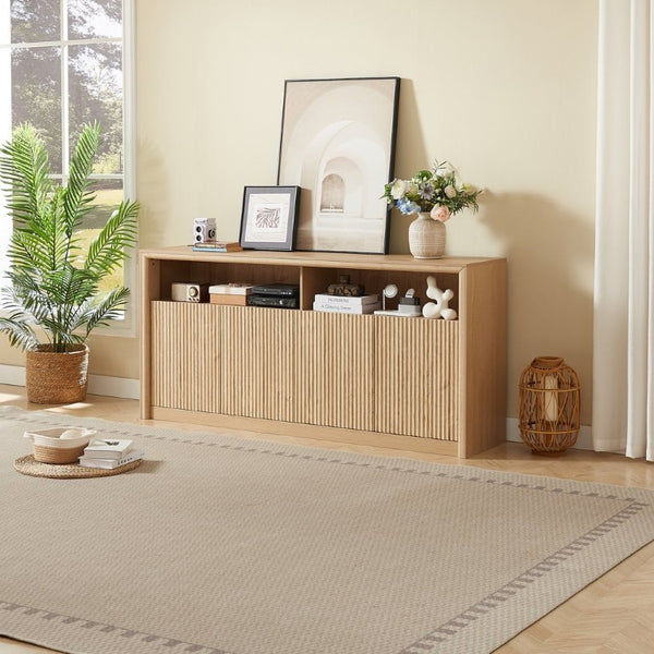 English Elm 67 Inch Fluted Wood Sideboard Buffet with LED Lighting Built in Power Station Dining Bar W5767P540645