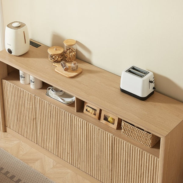 English Elm 67 Inch Fluted Wood Sideboard Buffet with LED Lighting Built in Power Station Dining Bar W5767P540645