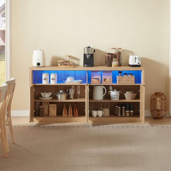 English Elm 67 Inch Fluted Wood Sideboard Buffet with LED Lighting Built in Power Station Dining Bar W5767P540645