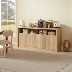 English Elm 67 Inch Fluted Wood Sideboard Buffet with LED Lighting Built in Power Station Dining Bar W5767P540645