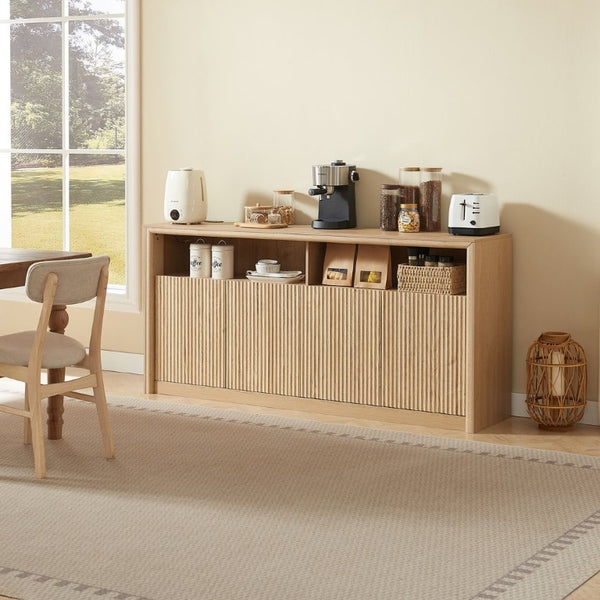 English Elm 67 Inch Fluted Wood Sideboard Buffet with LED Lighting Built in Power Station Dining Bar W5767P540645