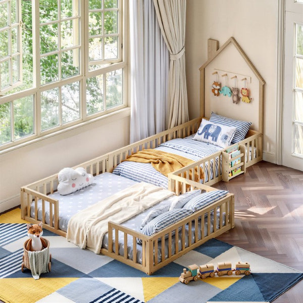 English Elm Twin and Full Solid Pine Montessori Floor Bed House Frame with Guardrails for Kids Natural W5767P546848