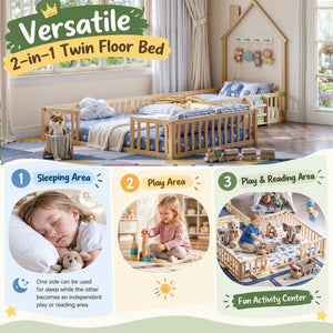 English Elm Twin and Full Solid Pine Montessori Floor Bed House Frame with Guardrails for Kids Natural W5767P546848