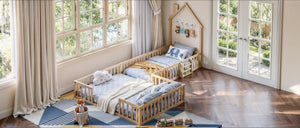 English Elm Twin and Full Solid Pine Montessori Floor Bed House Frame with Guardrails for Kids Natural W5767P546848
