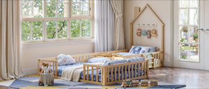 English Elm Twin and Full Solid Pine Montessori Floor Bed House Frame with Guardrails for Kids Natural W5767P546848