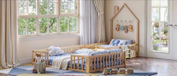 English Elm Twin and Full Solid Pine Montessori Floor Bed House Frame with Guardrails for Kids Natural W5767P546848