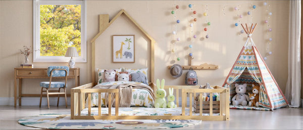 English Elm Twin and Full Solid Pine Montessori Floor Bed House Frame with Guardrails for Kids Natural W5767P546848