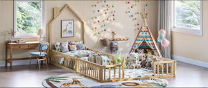 English Elm Twin and Full Solid Pine Montessori Floor Bed House Frame with Guardrails for Kids Natural W5767P546848