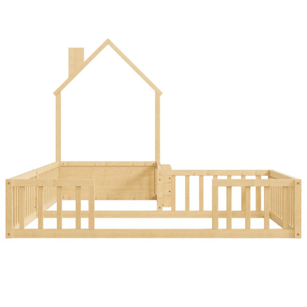 English Elm Twin and Full Solid Pine Montessori Floor Bed House Frame with Guardrails for Kids Natural W5767P546848