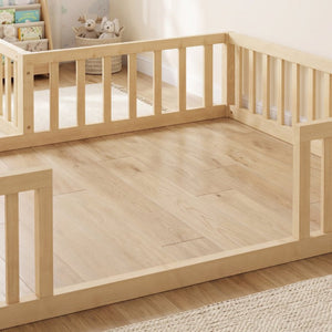 English Elm Twin and Full Solid Pine Montessori Floor Bed House Frame with Guardrails for Kids Natural W5767P546848