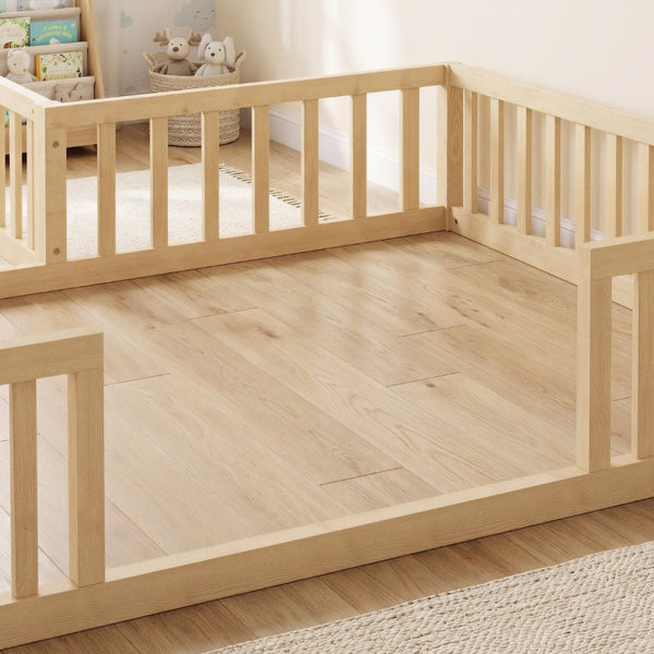 English Elm Twin and Full Solid Pine Montessori Floor Bed House Frame with Guardrails for Kids Natural W5767P546848