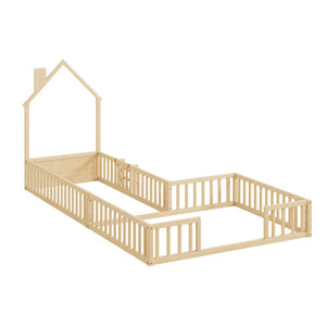 English Elm Twin and Full Solid Pine Montessori Floor Bed House Frame with Guardrails for Kids Natural W5767P546848