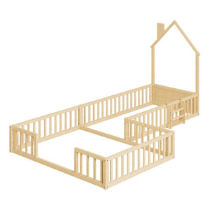 English Elm Twin and Full Solid Pine Montessori Floor Bed House Frame with Guardrails for Kids Natural W5767P546848