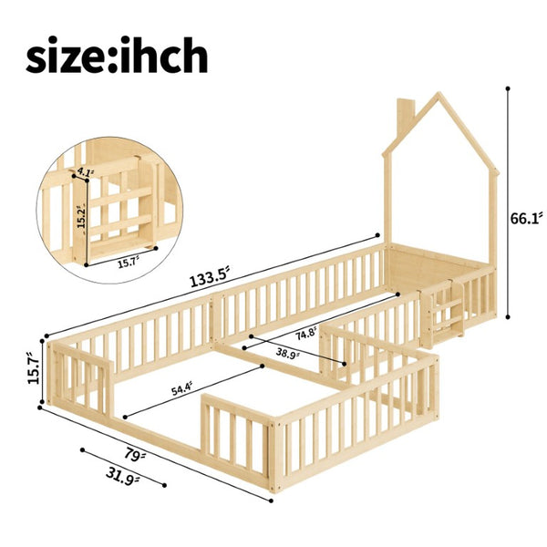 English Elm Twin and Full Solid Pine Montessori Floor Bed House Frame with Guardrails for Kids Natural W5767P546848