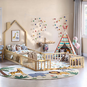English Elm Twin and Full Solid Pine Montessori Floor Bed House Frame with Guardrails for Kids Natural W5767P546848