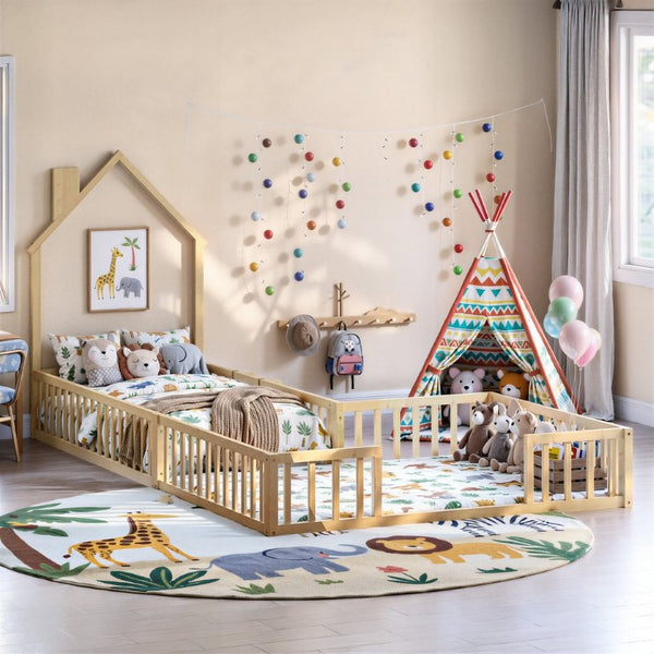 English Elm Twin and Full Solid Pine Montessori Floor Bed House Frame with Guardrails for Kids Natural W5767P546848