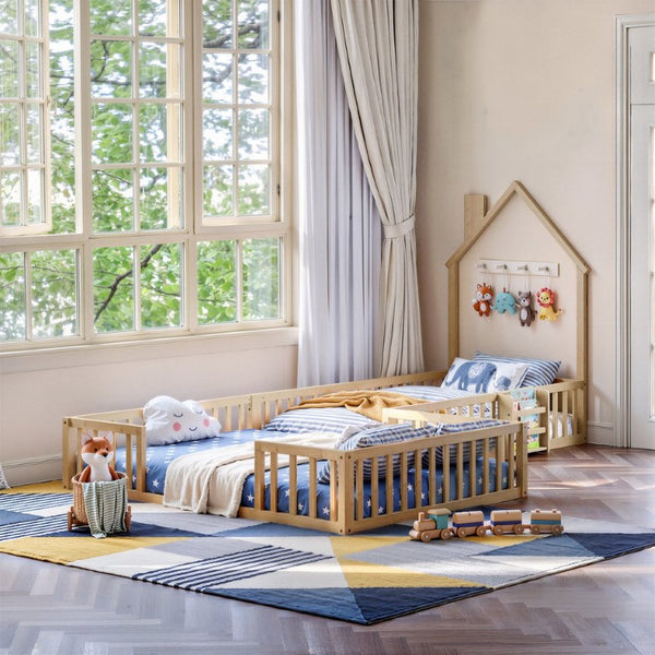 English Elm Twin and Full Solid Pine Montessori Floor Bed House Frame with Guardrails for Kids Natural W5767P546848