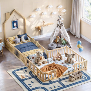 English Elm Twin and Full Solid Pine Montessori Floor Bed House Frame with Guardrails for Kids Natural W5767P546848