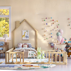 English Elm Twin and Full Solid Pine Montessori Floor Bed House Frame with Guardrails for Kids Natural W5767P546848