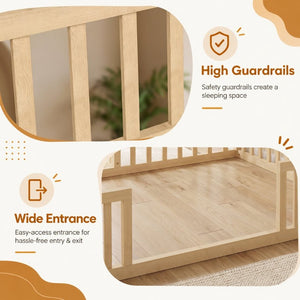 English Elm Twin and Full Solid Pine Montessori Floor Bed House Frame with Guardrails for Kids Natural W5767P546848