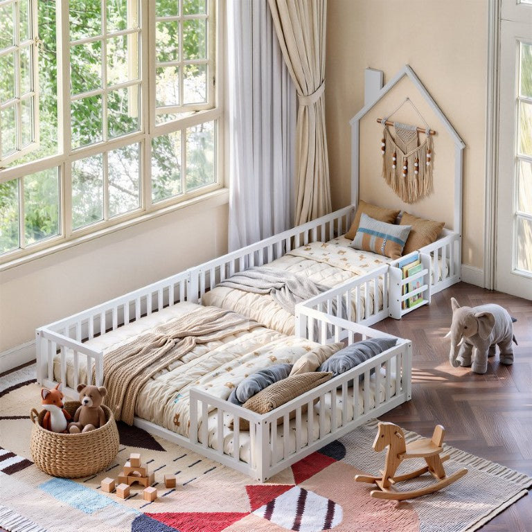 English Elm Twin and Full Solid Pine Montessori Floor Bed House Frame with Guardrails for Kids White W5767P546852