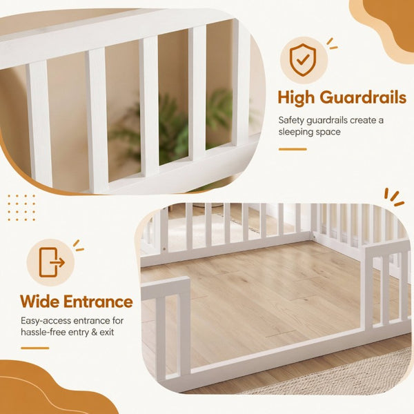 English Elm Twin and Full Solid Pine Montessori Floor Bed House Frame with Guardrails for Kids White W5767P546852