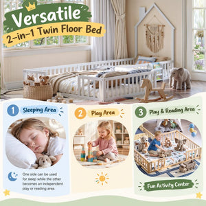 English Elm Twin and Full Solid Pine Montessori Floor Bed House Frame with Guardrails for Kids White W5767P546852