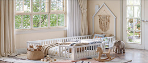 English Elm Twin and Full Solid Pine Montessori Floor Bed House Frame with Guardrails for Kids White W5767P546852