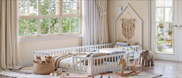 English Elm Twin and Full Solid Pine Montessori Floor Bed House Frame with Guardrails for Kids White W5767P546852