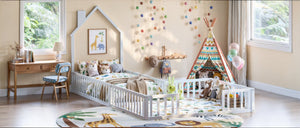 English Elm Twin and Full Solid Pine Montessori Floor Bed House Frame with Guardrails for Kids White W5767P546852