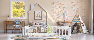 English Elm Twin and Full Solid Pine Montessori Floor Bed House Frame with Guardrails for Kids White W5767P546852