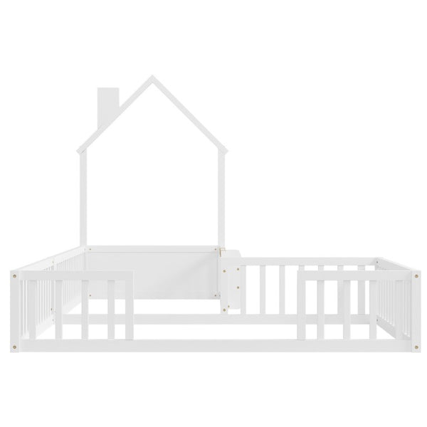 English Elm Twin and Full Solid Pine Montessori Floor Bed House Frame with Guardrails for Kids White W5767P546852