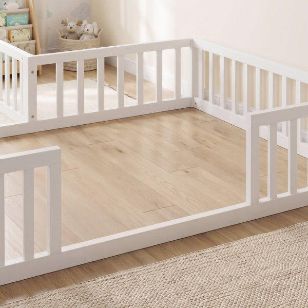 English Elm Twin and Full Solid Pine Montessori Floor Bed House Frame with Guardrails for Kids White W5767P546852