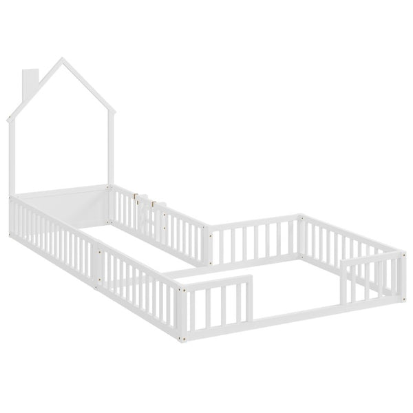 English Elm Twin and Full Solid Pine Montessori Floor Bed House Frame with Guardrails for Kids White W5767P546852