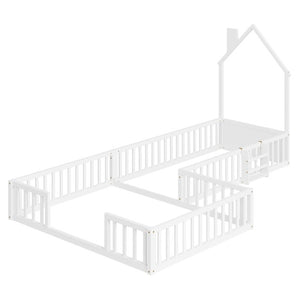English Elm Twin and Full Solid Pine Montessori Floor Bed House Frame with Guardrails for Kids White W5767P546852