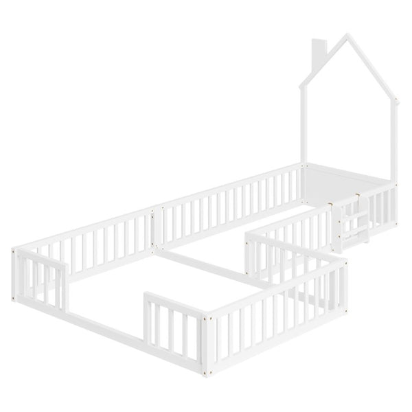 English Elm Twin and Full Solid Pine Montessori Floor Bed House Frame with Guardrails for Kids White W5767P546852