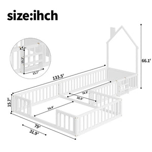 English Elm Twin and Full Solid Pine Montessori Floor Bed House Frame with Guardrails for Kids White W5767P546852