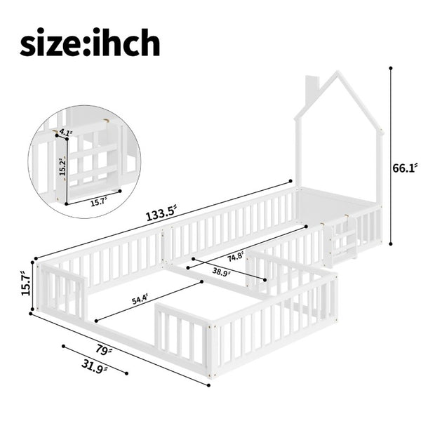 English Elm Twin and Full Solid Pine Montessori Floor Bed House Frame with Guardrails for Kids White W5767P546852