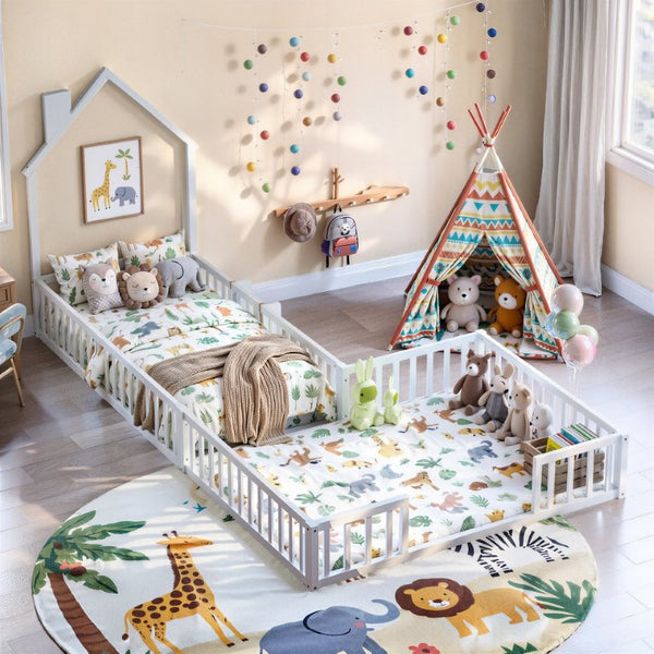 English Elm Twin and Full Solid Pine Montessori Floor Bed House Frame with Guardrails for Kids White W5767P546852