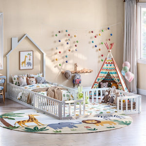 English Elm Twin and Full Solid Pine Montessori Floor Bed House Frame with Guardrails for Kids White W5767P546852