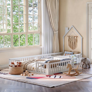 English Elm Twin and Full Solid Pine Montessori Floor Bed House Frame with Guardrails for Kids White W5767P546852