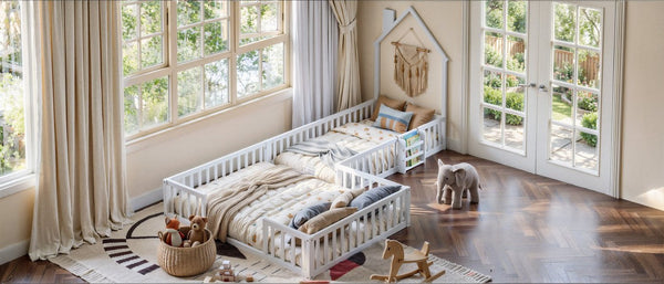 English Elm Twin and Full Solid Pine Montessori Floor Bed House Frame with Guardrails for Kids White W5767P546852