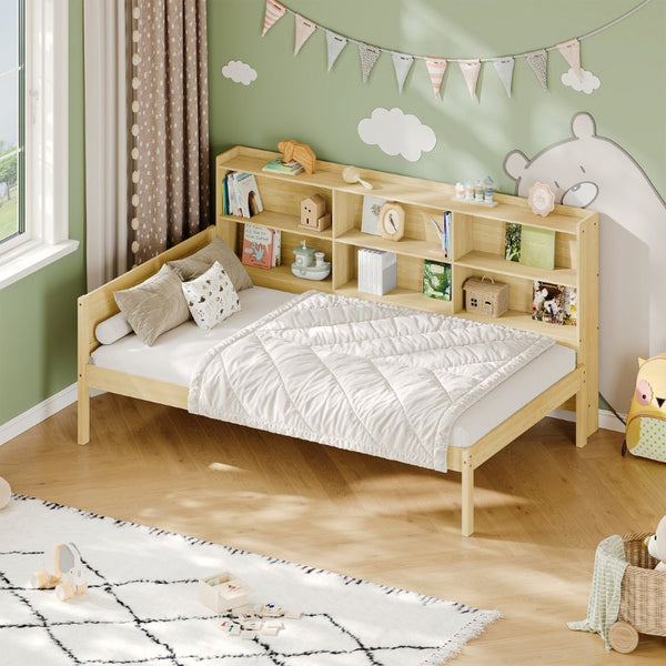 English Elm Twin Solid Pine Bed Frame with Built-In Bookshelf Headboard for Modern Bedroom Natural W5767P546859