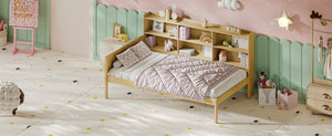 English Elm Twin Solid Pine Bed Frame with Built-In Bookshelf Headboard for Modern Bedroom Natural W5767P546859