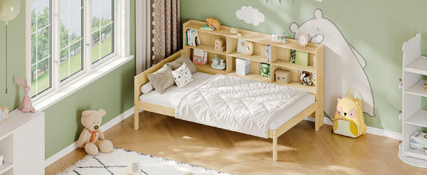 English Elm Twin Solid Pine Bed Frame with Built-In Bookshelf Headboard for Modern Bedroom Natural W5767P546859